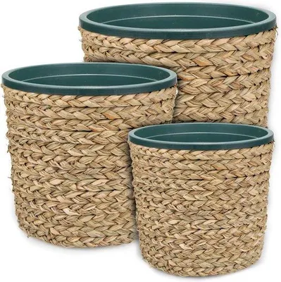 Produktbild von Famanu Blumentopf Set aus 3 runden, geflochtenen Seegras-Töpfen mit Kunststoff-Einsatz - 14/17/23 cm