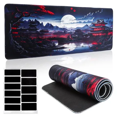 Image de Tapis de souris gaming XXL, dimensions 800x300 mm, base en caoutchouc antidérapante, bords cousus, design japonais