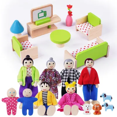 Produktbild von Puppenhaus Möbel Holz Puppenhausmöbel - 20 Stück - Familienpuppen und Haustiere - Wohnzimmer Set Maßstab 1:12