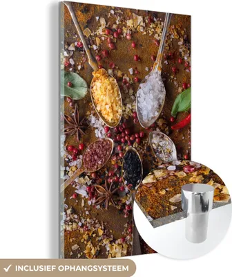 Produktbild von MuchoWow Glasbilder - Bilder auf Wandbild - Foto auf Glas Gewürze - Kräuter - Löffel - Salz - Braun - Küche 60x90 cm Wanddekoration aus Glas - Acrylglasbild - Acrylbilder - Premium - Modernes