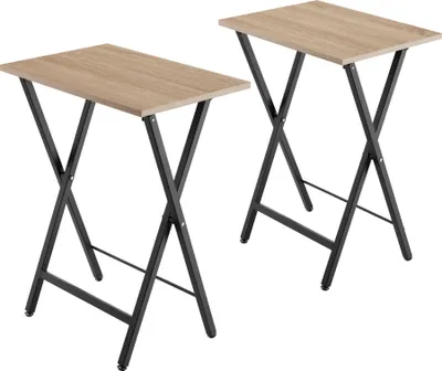 Two identical folding side tables with wooden tops and black metal frames are shown against a white background.
