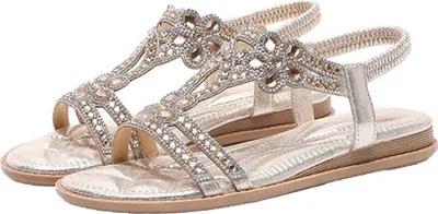 Produktbild von Damen-Böhmische Sandalen mit Glitzer-Strasssteinen, lässige Sommerschuhe mit flachem Absatz für Urlaub, Strand, Alltag und Shopping