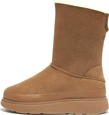 A side view of a brown winter boot.