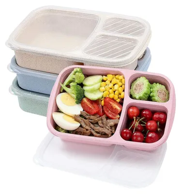 Produktbild von 4er-Pack Bento-Lunchbox-Set, 3 Fächer, Weizenstroh, Essenszubereitungsbehälter, Lebensmittelaufbewahrung, Kunststoff, mikrowellen- und spülmaschinenfest (3 Fächer)
