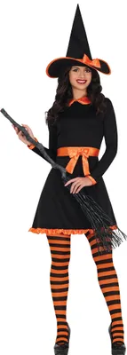 Produktbild von FIESTAS GUIRCA Orange Hexe Kostüm  Hexenkostüm Schwarzes Kleid mit Hexenhut  Halloween Kostüm Erwachsene Damen Größe 36-38 M