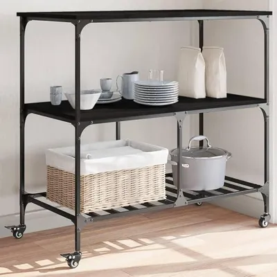 Produktbild von Küchenwagen Schwarz 100x50x95 cm Holzwerkstoff und Stahl, Servierwagen mit Rollen, beistellbar mobil mit Stauraum und Ablage, vielseitig als Nischenwagen oder Kücheninsel für Küche und