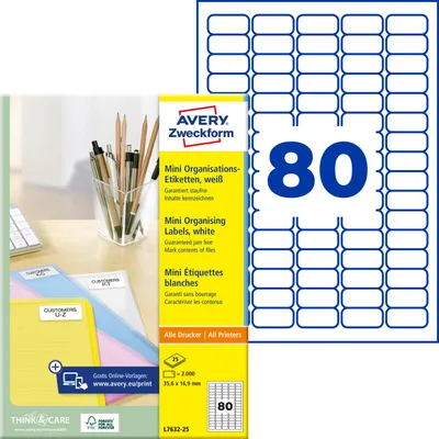 Produktbild von Avery Zweckform L7632-25, Mini-Organisations-Etiketten, A4, 35,6 x 16,9 mm, 2.000 Etiketten / 25 Bögen, weiß