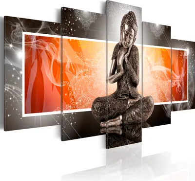 Zdjęcie produktu dla Obrazy ścienne: Buddha, statua, ornament, mandala, abstrakcja, złoty kolor, 200x100 cm, zestaw 5 sztuk – obrazy do salonu, nowoczesne obrazy na płótnie, model 020113-277