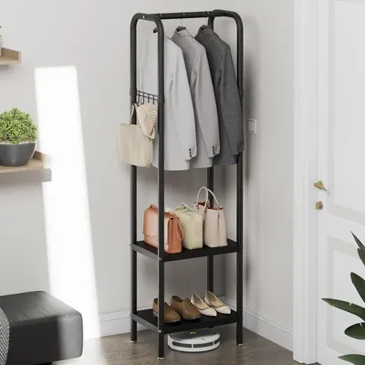 Image de Porte-manteau autoportant, avec étagère et crochets, pour entrée, couleur noire