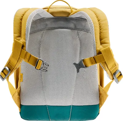 The back of a yellow and teal backpack.