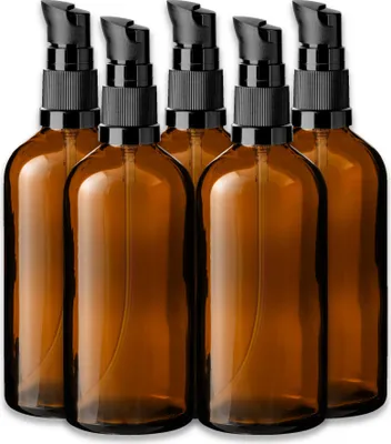 Produktbild von 5x Braune Glasflasche 100 ml mit schwarzer Pumpe Dispenserpumpe leer
