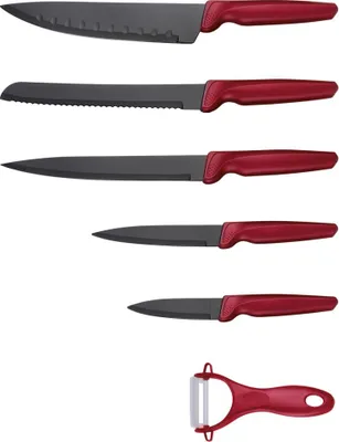 Produktbild von Michelino 6 teiliges Messerset (5 Messer & 1 Sparschäler) Edelstahl scharfe Messerklingen Küchenmesser Fleischmesser Rot-Matt