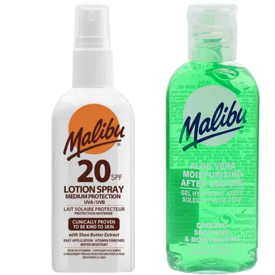Obrázek produktu pro Vodotěsný sprej Malibu SPF20 100 ml + aloe po 100 ml opalování