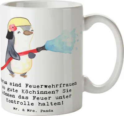 Produktbild von Mr. & Mrs. Panda Tasse Feuerwehrfrau Köchin - Weiß - Geschenk, Geschenke mit Herz, handgefertigte, Leben retten, täglicher Einsatz, Keramikbecher, Bedruckte, Anerkennung