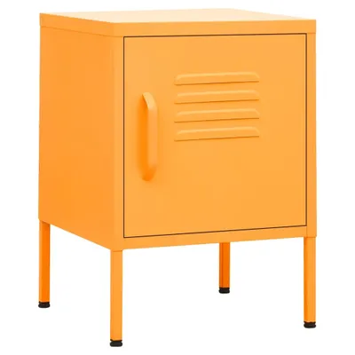 A bright orange metal nightstand with a single door and louvered vent detail, shown on a white background.