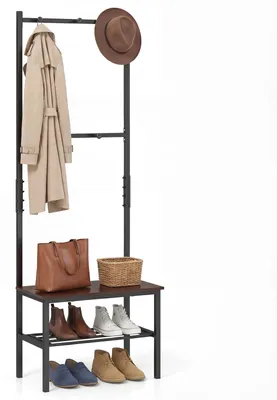 Produktbild von COSTWAY 3-in-1 Garderobenständer mit Haken, Sitzbank & Schuhregal, Kleiderständer Metallrahmen, Flurgarderobe Industrie Design, Braun + Schwarz