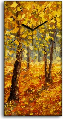 Produktbild von Wanduhr Bürouhr Leinwand Bild Geräuschlos 30x60 Gemälde Wald Bäume Herbst Natur - schwarze Hände