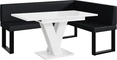 Produktbild von MEBLINI Eckbank für Esszimmer mit ausziehbarem Tisch - Küchenbank - Essecke - Sitzecke Küche - ERIC - U-Beine 128x168x87cm Rechts - Schwarz Kunstleder/M Weiß Hochgl.