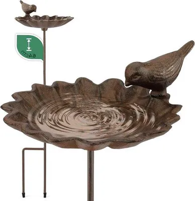 Produktbild von Famanu Vogelbad auf Stab - 64 cm Höhe - frostbeständiges Gusseisen - Wasserschale Blattform
