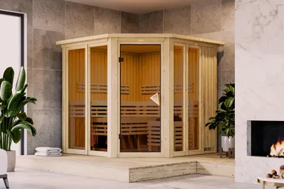 Produktbild von Karibu Sauna Innensauna Airi Eckeinstieg Ofen 9 kW  externe Strg easy 210x184x202 cm mit Dachkranz
