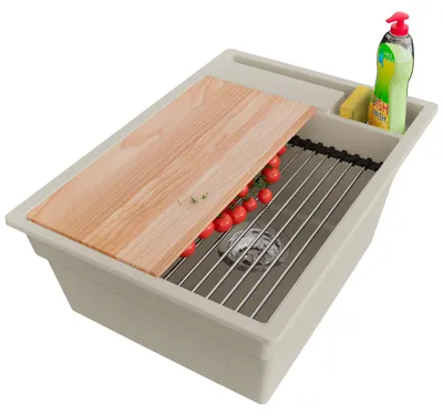 Produktbild von PRIMAGRAN Spülbecken Beige 38x53cm, Granitspüle 1 Becken + Ablauf-Set + Küchenzubehörset, Küchenspüle ab 40er Unterschrank - Oslo Pocket