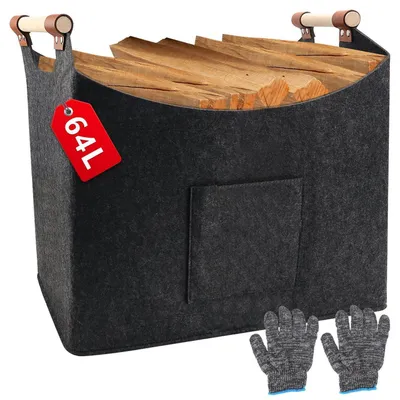 Image de Panier en feutre pour bois de chauffage, taille XL, 64 litres, dimensions 50x40x32 cm, pliable, avec poignée en bois et gants