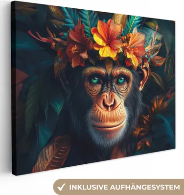 Obrázek produktu pro Obrazy na plátně 80x60 cm - Zvířata, Květiny - Šimpanz, Obrazy Obývací pokoj Moderní, Nástěnná dekorace