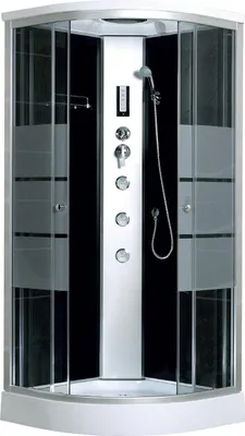 A modern, enclosed shower cabin with multiple shower heads and controls.