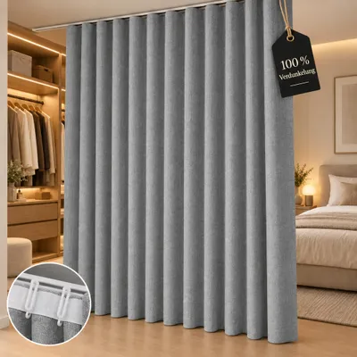 Immagine prodotto di Tenda divisoria di grandi dimensioni con ganci per binari, colore grigio, oscurante al 100%, opaca. Ideale per separare ambienti in camere da letto o soggiorni. Dimensioni: 254 cm di larghezza x 274 cm di altezza