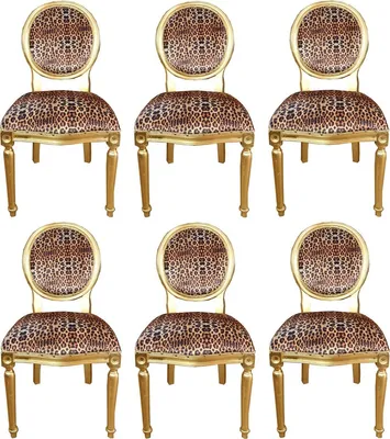 Produktbild von Casa Padrino Luxus Barock Esszimmer Set Medaillon Leopard / Gold 50 x 52 x H. 99 cm - 6 handgefertigte Esszimmerstühle - Barock Esszimmermöbel