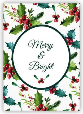 Produktbild von 4x Klassische edle Weihnachtskarte mit roten Beeren und Weihnachts Grün:Merry & Bright