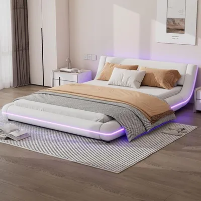 Produktbild von Polsterbett 140x200 cm mit LED-Beleuchtung, Lattenrost, Kopfteil & Kunstleder - Bett Jugendbett Bettgestell Doppelbett (Weiß, 140x200cm)