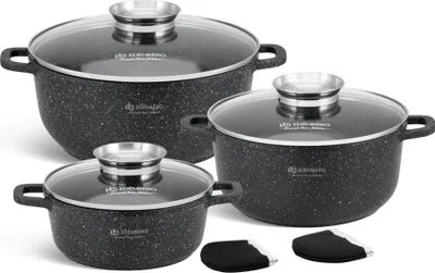 A set of three black pots with glass lids and silver handles, along with two black pot holders, are displayed on a white background.