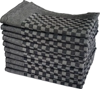 A stack of folded kitchen towels with a checkered pattern.