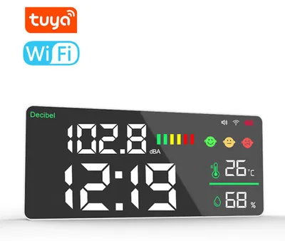 Obrázok produktu pre Tuya WiFi decibelmeter 4 v 1 – meranie teploty a vlhkosti, budík, 11-palcový farebný LED displej, inteligentné prepojenie, ovládanie cez aplikáciu, meranie hluku