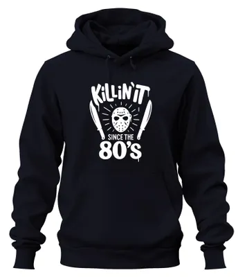 Imagen del producto de Killin' It. Sudadera con capucha estilo "slasher" de los años 80, con máscara y machete estampados. Diseño uni. Color: azul marino. Talla: M