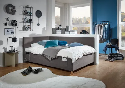 Produktbild von Meise Möbel Kinderbett Cool 140x200 cm | Polsterliege | Bettkasten & Lattenrost | Cordstoff Anthrazit | Holzfuß eiche