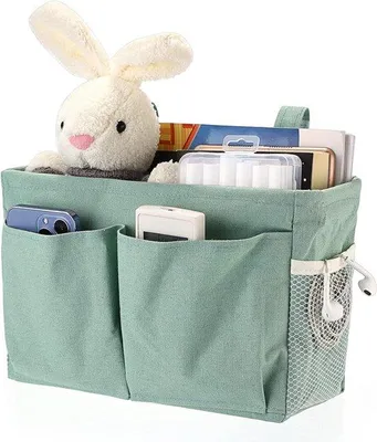 Immagine prodotto di Organizer da comodino in tela per la camera da letto - Borsa sospesa regolabile con organizer per la camera da letto - Borsa portaoggetti multifunzionale per casa, ufficio e scuola