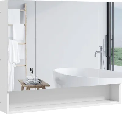 Image de kleankin Armoire murale salle de bain avec miroir, 90 x 15 x 75 cm, meuble salle de bain, armoire de toilette avec 3 portes miroir, compartiment ouvert et étagères réglables, blanc