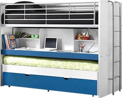 Produktbild von Hochbett BONNY-12, mit Schreibtisch, 2-ter Liegefläche und Bettkasten, 90x200cm, Weiß Blau