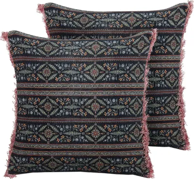 Produktbild von BELIANI Dekokissen 2er Set Mehrfarbig Samt und Baumwolle 45 x 45 cm Bezug mit Füllung Reißverschluss Fransen Blumenmuster Modern Wohnzimmer Deko