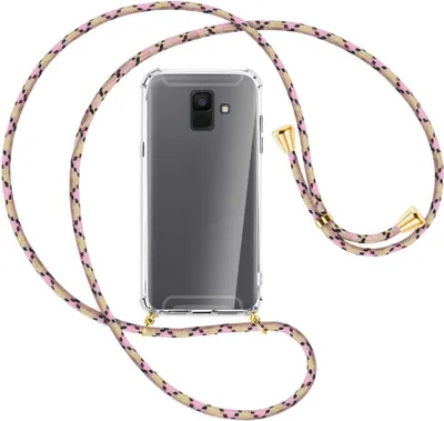 Produktbild von Handykette Backcover-Schutzhülle mit Band (Metall goldfarben) für Samsung Galaxy A6 2018 - rosa Karo