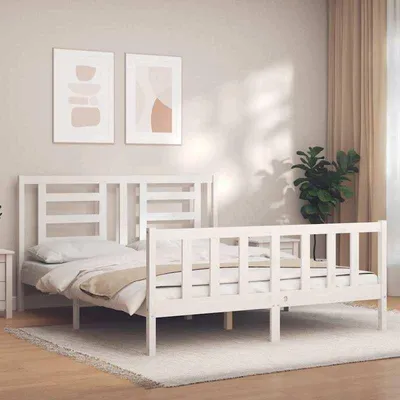 Image de Lit double 160x200 cm, blanc, en bois massif de pin, sans matelas