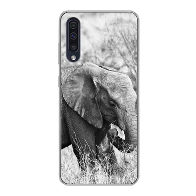 Produktbild von MuchoWow® Handyhülle Schutzhülle Hülle für Samsung Galaxy A30s Elefant - Tiere - Gras - Schwarz und weiß Silikon Softcase Handy Hülle - Karteninhaber