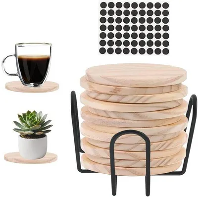 Imagen del producto de Juego de 12 posavasos redondos de madera, sin rayones, de 10x10 cm