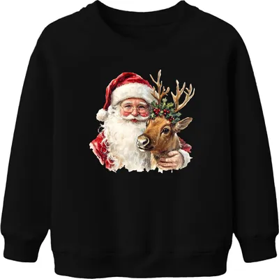 Produktbild von Weihnachtsmann Rentier Aquarell Weihnachten Geschenk Vintage Uni Kinder Sweatshirt Pullover, Schwarz, 152