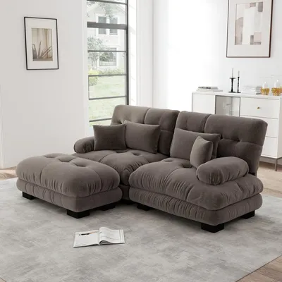 Produktbild von Cloud Ecksofa für Wohnzimmer, Chenille Doppelsofa mit 2 Lendenkissen und 2 Dekokissen, Polstersofa mit breiten Armlehnen und Ottoman, Chenille Braun