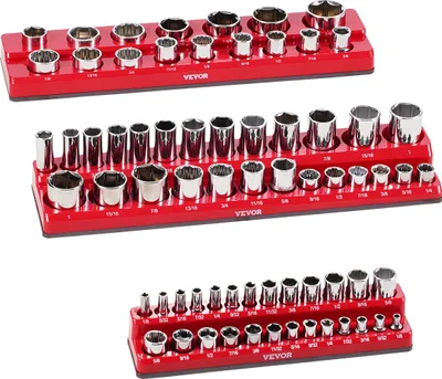 Produktbild von VEVOR Steckschlüssel-Organizer-Set, 3-teiliger, 1/4 Zoll, 3/8 Zoll & 1/2 Zoll SAE-Steckschlüsselablagen, für bis zu 68 Standard- & tiefe Steckschlüssel