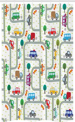 Obrázok produktu pre ABAKUHAUS Autá Úzka sprchová záves, deti, ktoré sa hrajú na dopravu, kúpeľňová dekorácia zo látky s háčikmi, 120 x 180 cm, viacfarebná