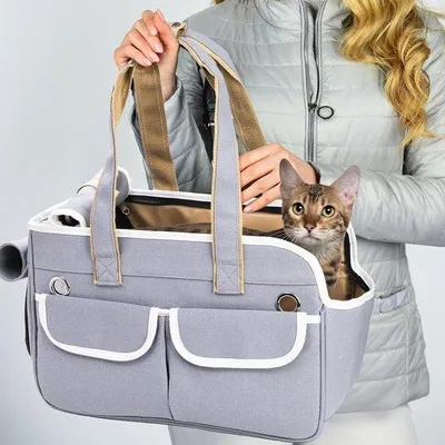 Produktbild von Reisetas für Hunde, leicht zu tragen, maximal 6,8 kg, mit Schultergurt, Oberladegestell, kleine Außenbeutel aus Netstuch